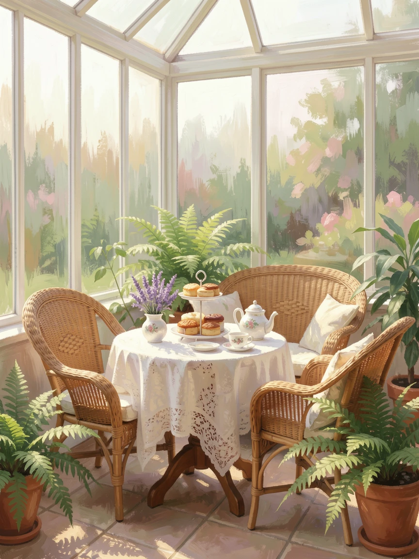 A sunlit conservatory filled with wicker furniture, ferns, and a table set for afternoon tea.