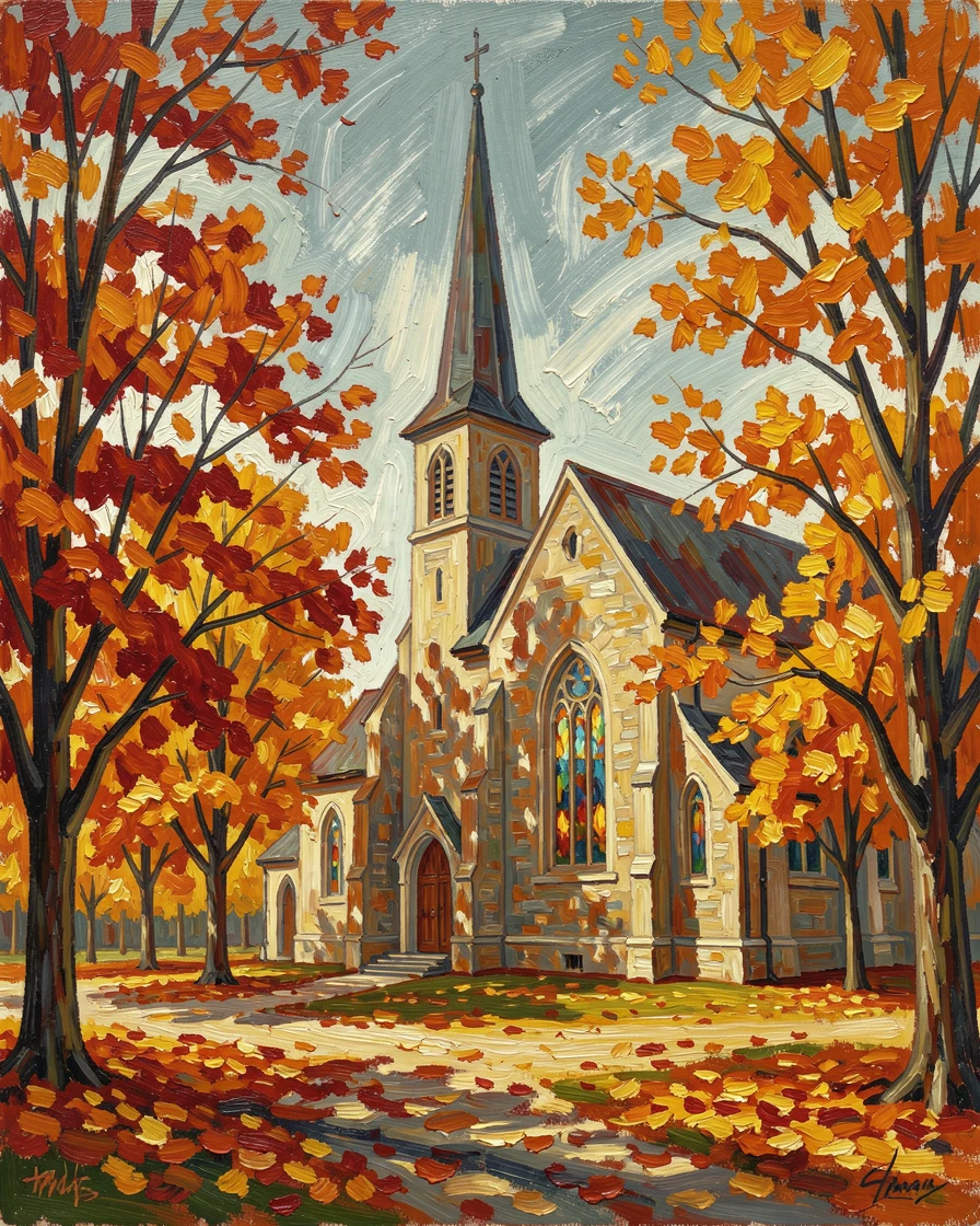 A quiet village church with a tall steeple rising above autumn treetops.