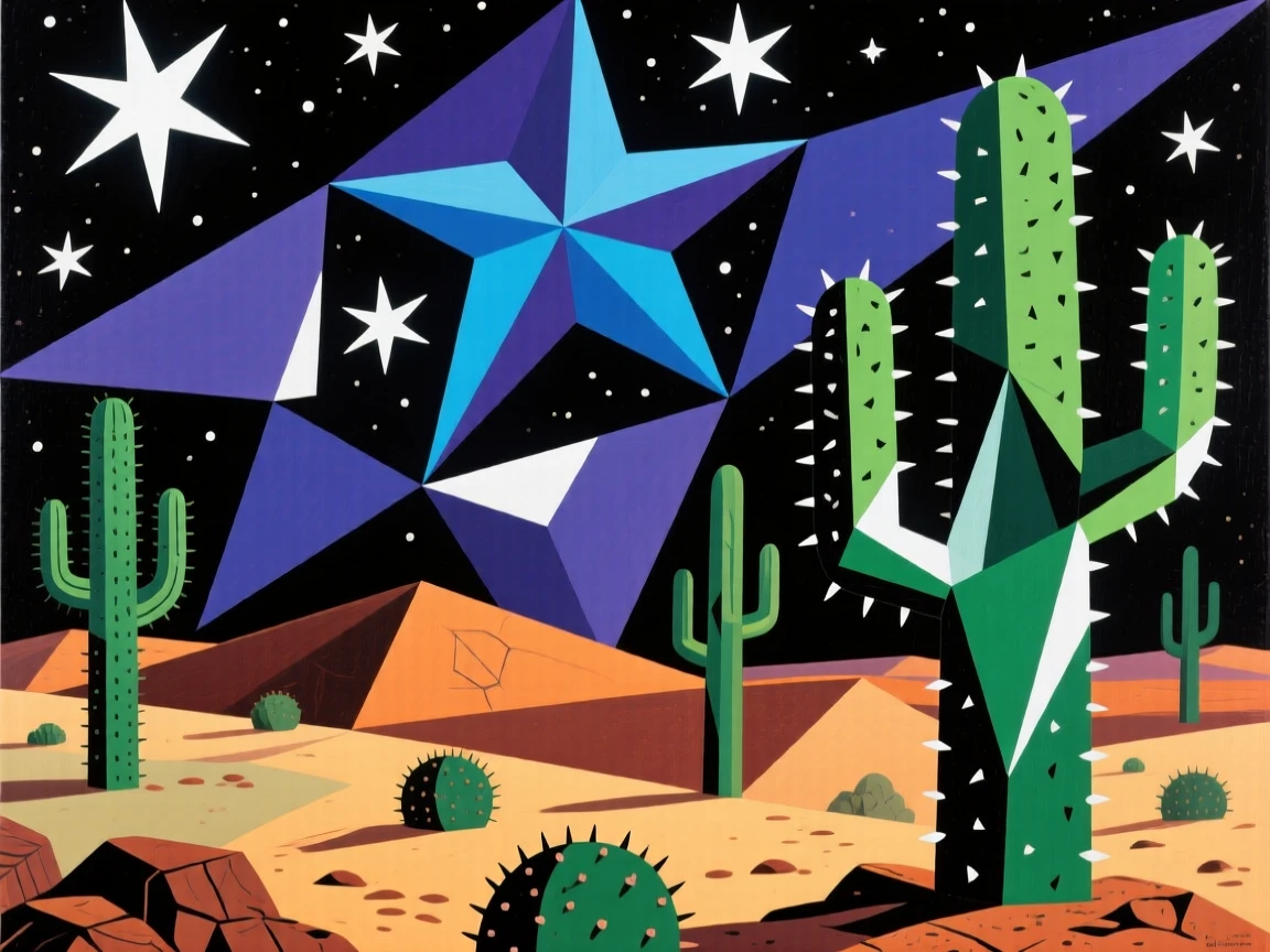 A star-filled night sky glowing above a silent desert dotted with cacti.