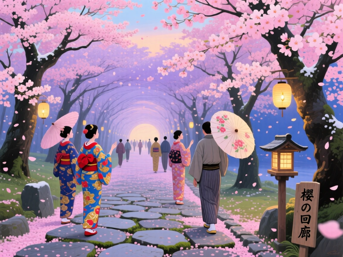 A vast cherry blossom tunnel in Japan shows pink petals drifting down like snow onto a stone path, visitors in traditional dress strolling beneath the canopy, subtle color shifts across the sky suggesting the slow passage of time within the scene.