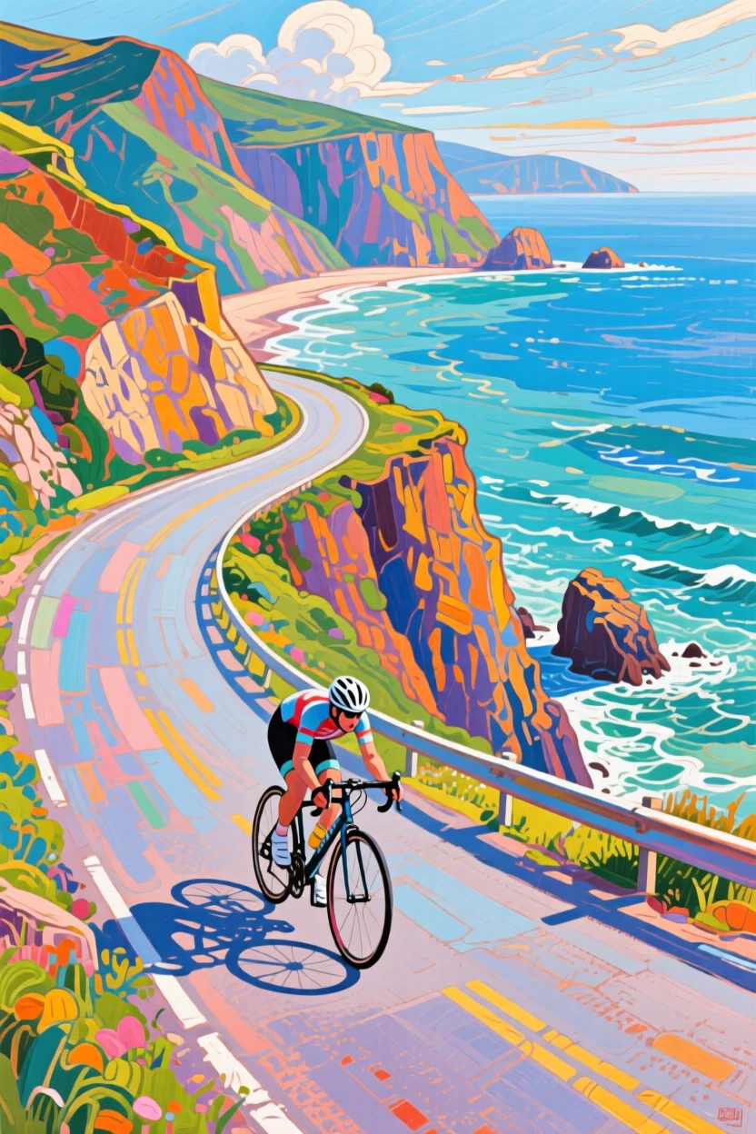 A cyclist racing along a winding coastal road with cliffs plunging into the sea beside them