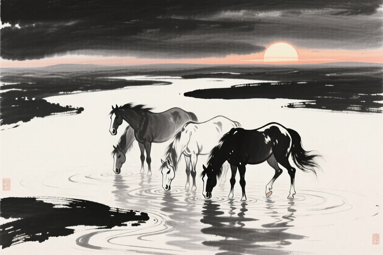 A group of horses drinks from a river at sunset, as the sun sinks below the horizon.
