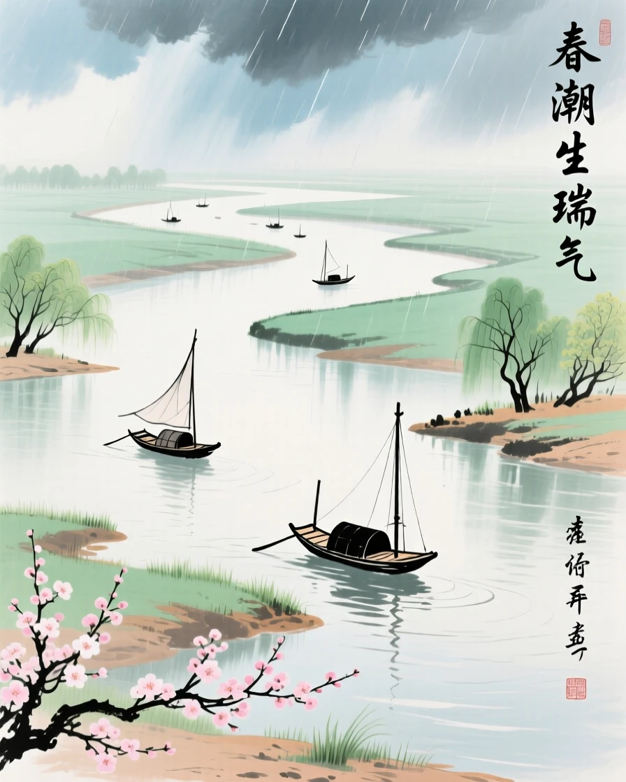 A wide river delta dotted with small fishing boats, conveying a deep sense of harmony with nature, under clearing skies after a storm, as spring blossoms unfold.