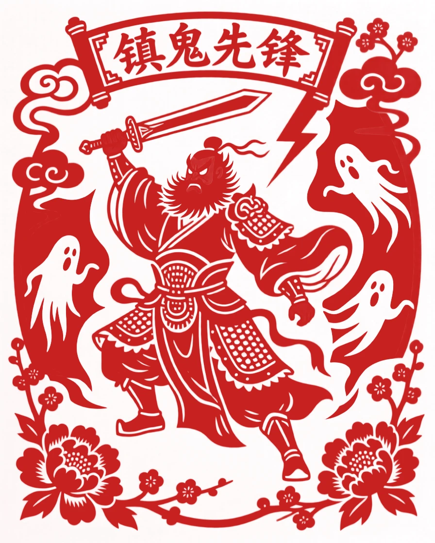 Zhong Kui the demon queller striding forward with sword raised, beard bristling, banishing spirits into the shadows