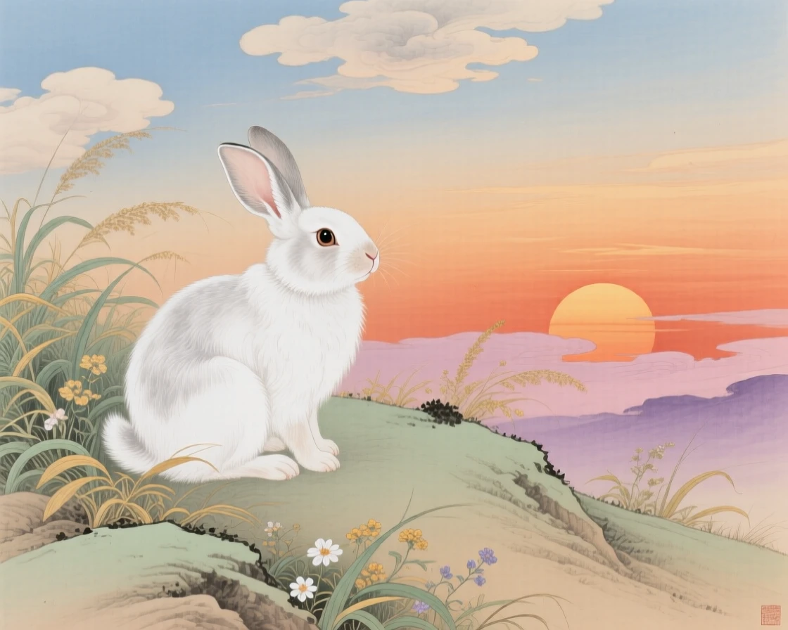 A rabbit watching the sunset from a hillside