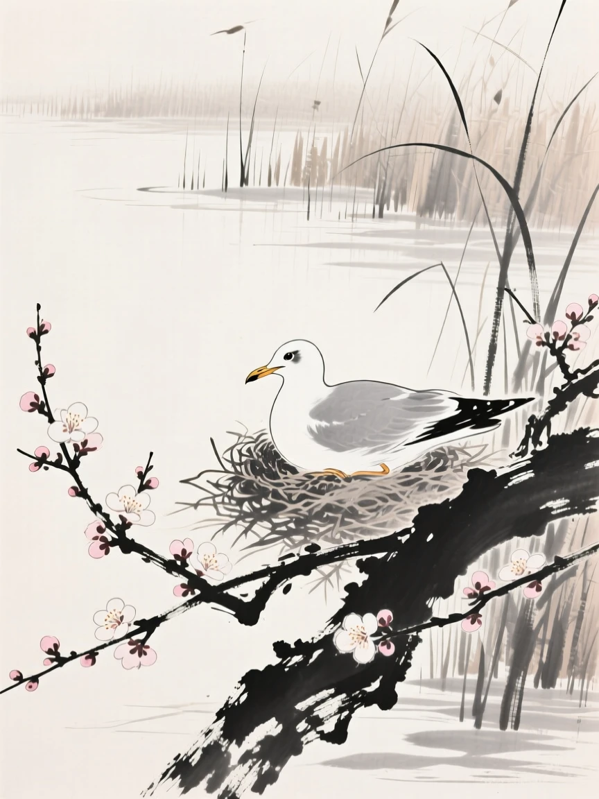 A lone gull nesting among blossoming branches along the edge of a reed-lined marsh, seen up close with delicate feather detail, conveying serenity and effortless movement.