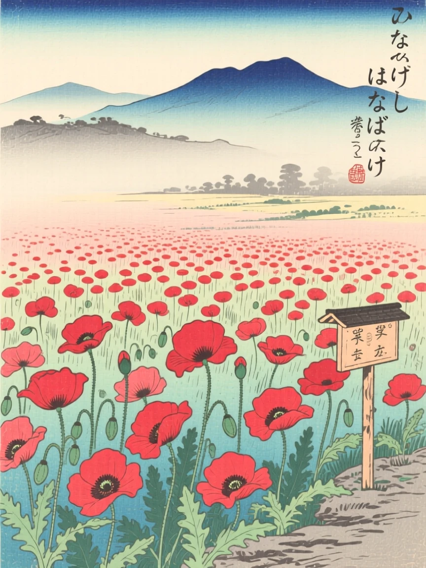 A field of blooming poppies rippling in the breeze with distant mountains fading into haze.