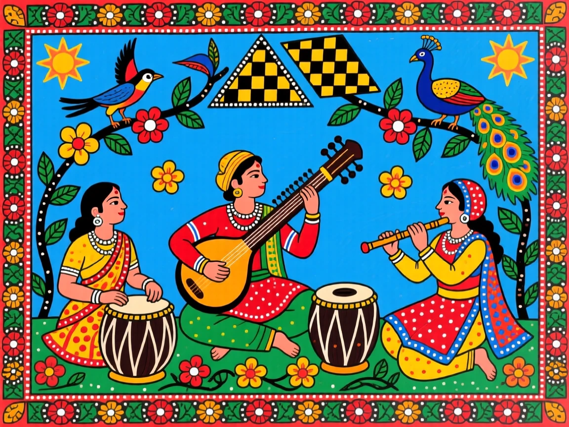 A group of musicians playing sitar, tabla, and flute beneath an open sky.