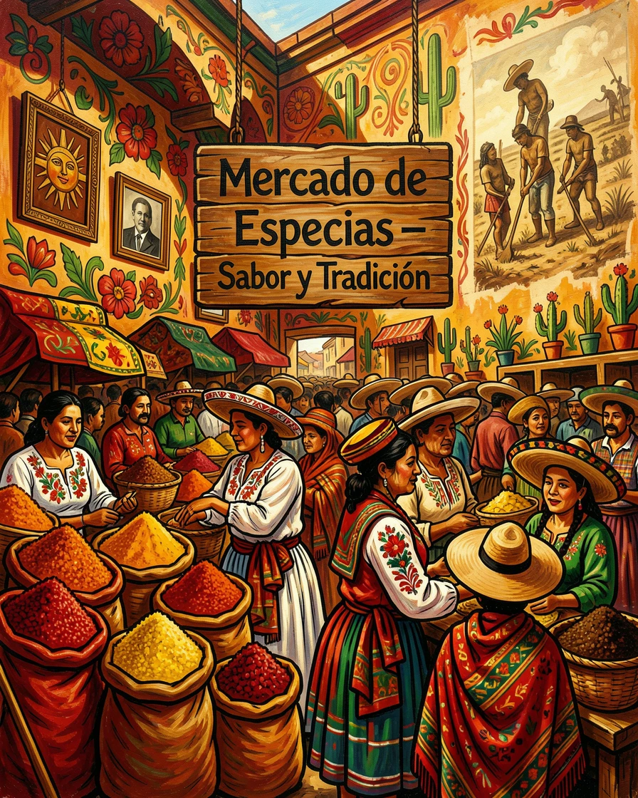 A bustling spice market filled with colorful sacks and baskets