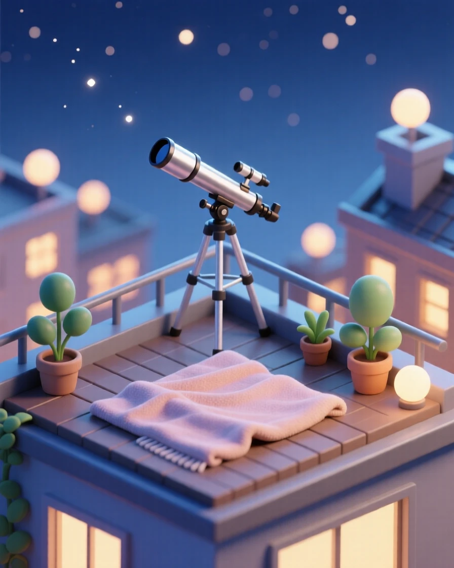 A quiet evening of stargazing from a rooftop deck, blankets spread out, a telescope aimed skyward, and city lights twinkling below.