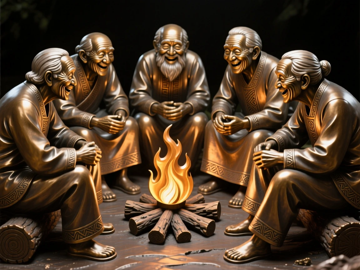 A group of elders sharing stories around a fire, capturing a powerful sense of togetherness, celebrating shared human joy