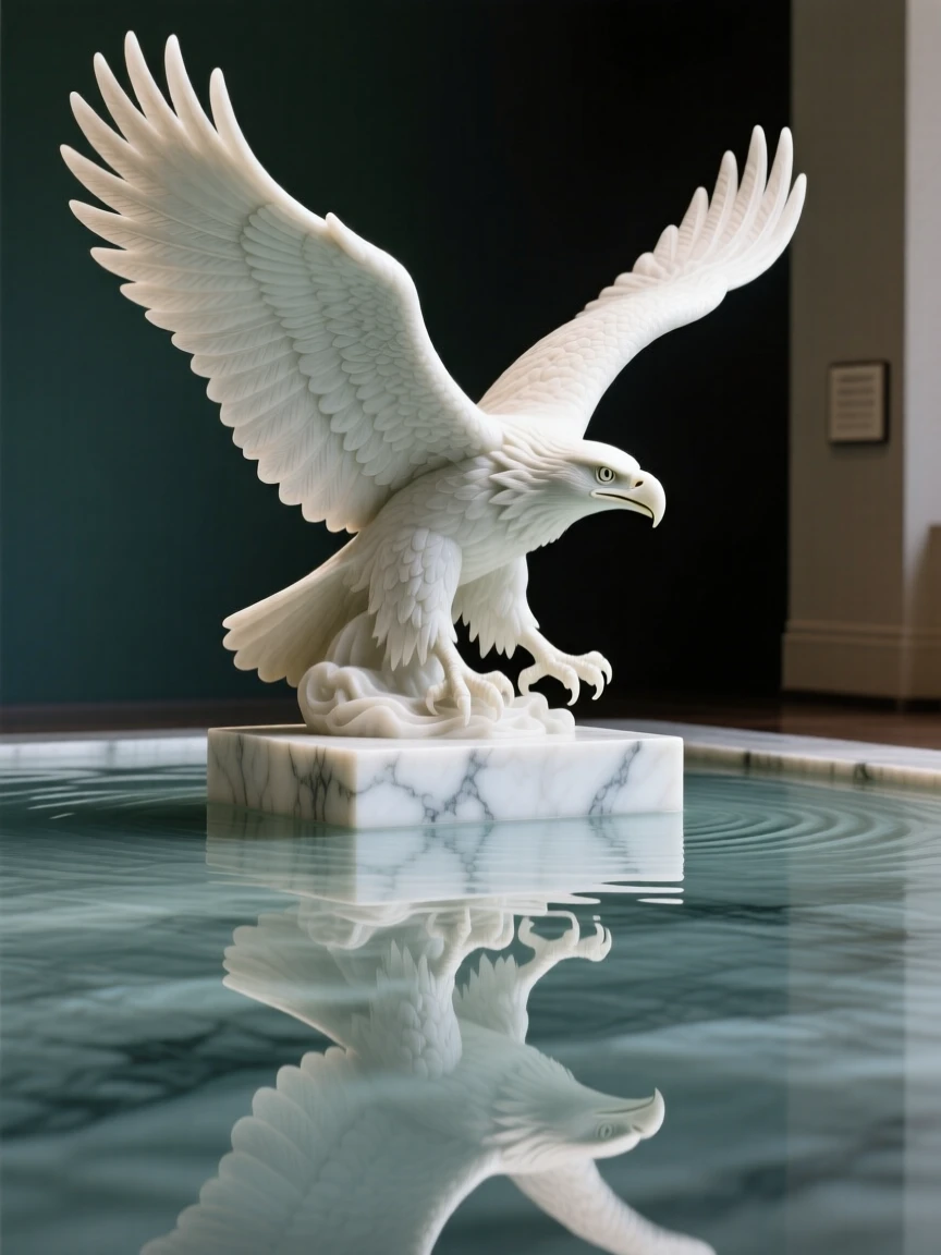 A soaring eagle captured in a powerful, dignified pose reflected in still, glassy water