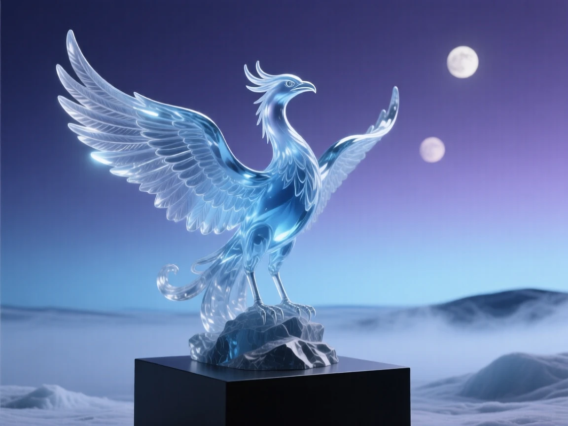 A majestic ice phoenix over a frozen tundra under a twilight sky filled with two moons, atmospheric fog rolling through the scene, feeling mysterious and enchanting.
