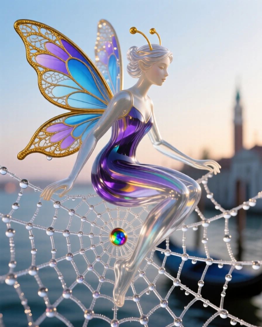 A winged fairy perched on a dewy spiderweb at dawn, delicate and magical.
