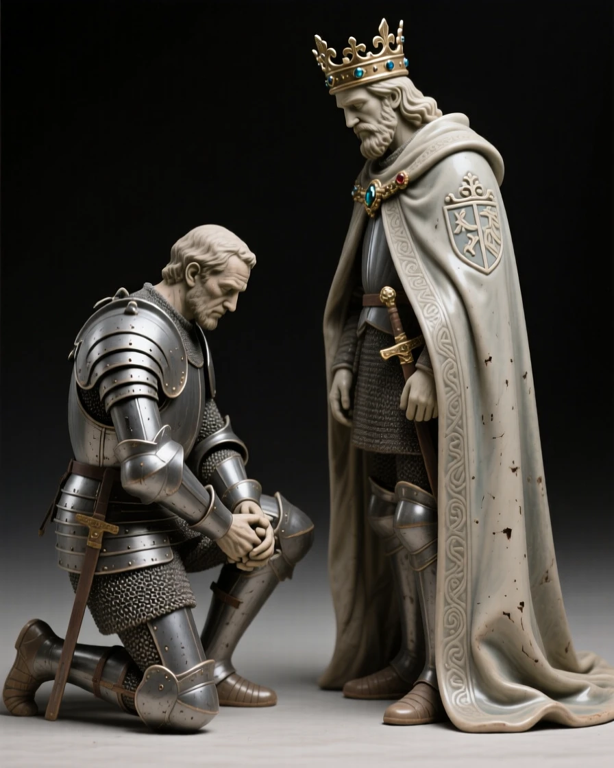 A medieval knight kneeling before his king captured mid-ceremony with solemn dignity, with weathered features telling silent stories, conveying quiet authority and enduring legacy.