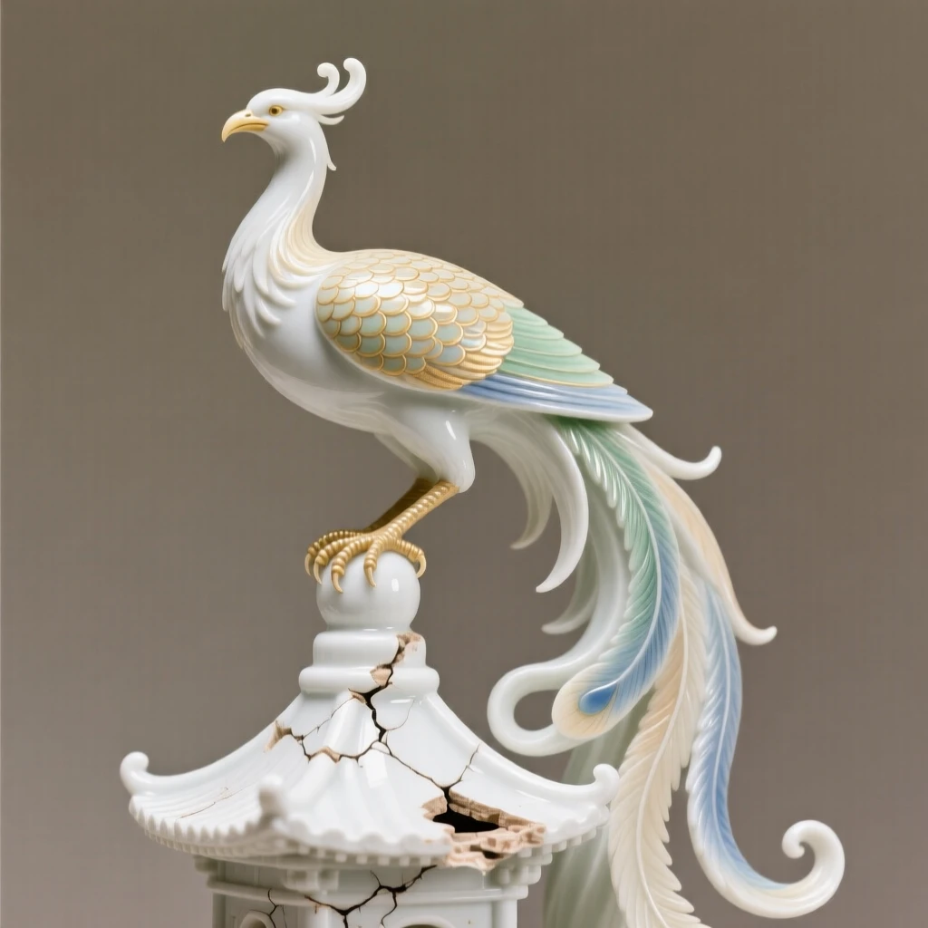 A majestic phoenix perched atop a crumbling temple spire, scales shimmering with iridescent color.