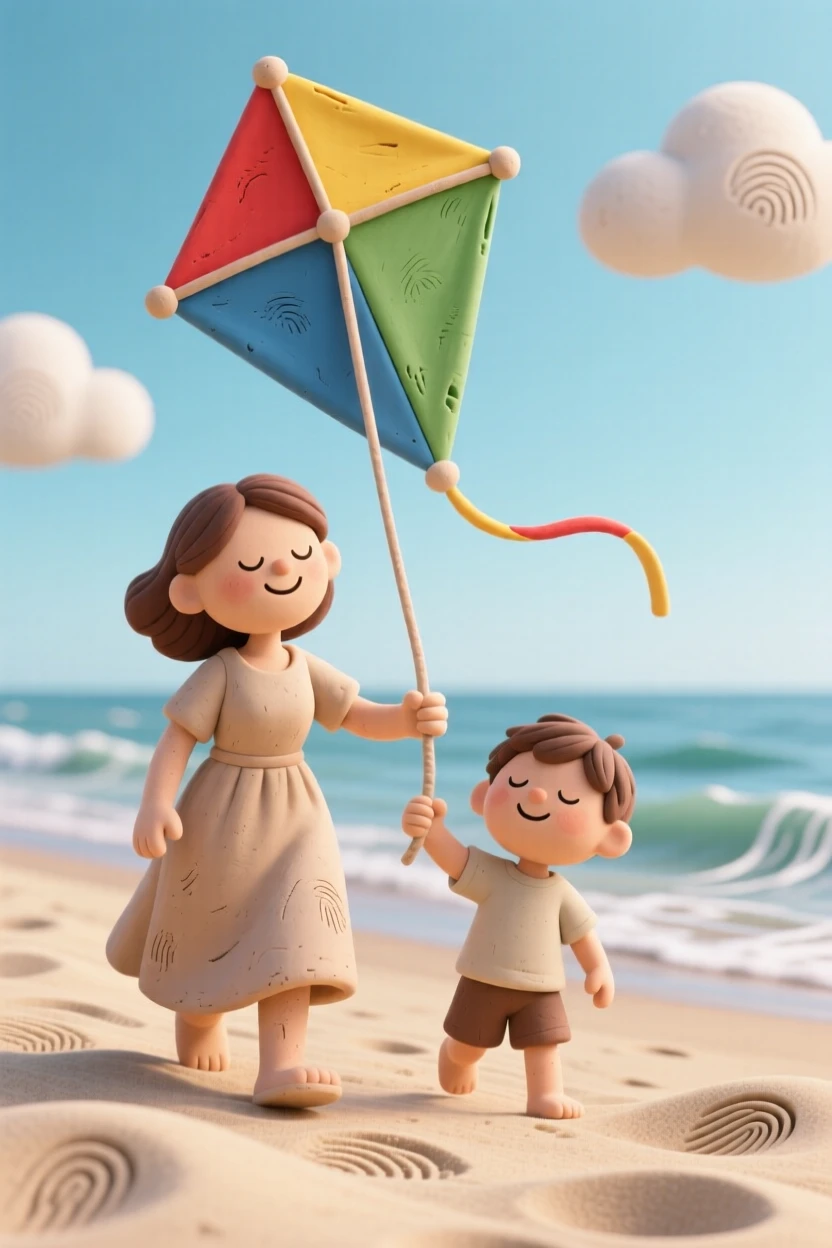 A mother and child flying a colorful kite on a breezy beach