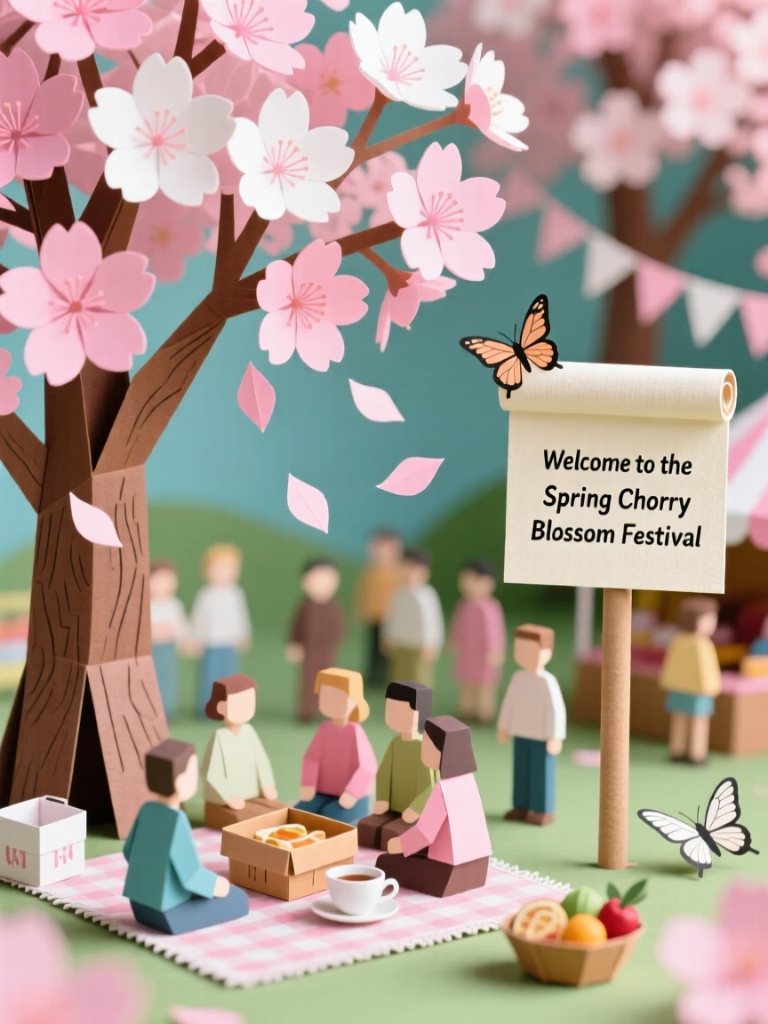 A charming spring cherry blossom festival with pink petals drifting over a crowd having picnics beneath blooming trees, evoking renewal and joy.