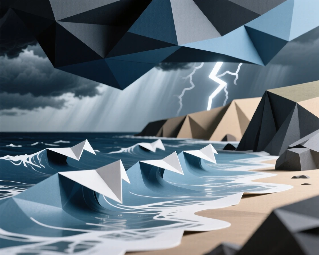 A dramatic coastal storm approaching over the horizon, waves already whipped into whitecaps.