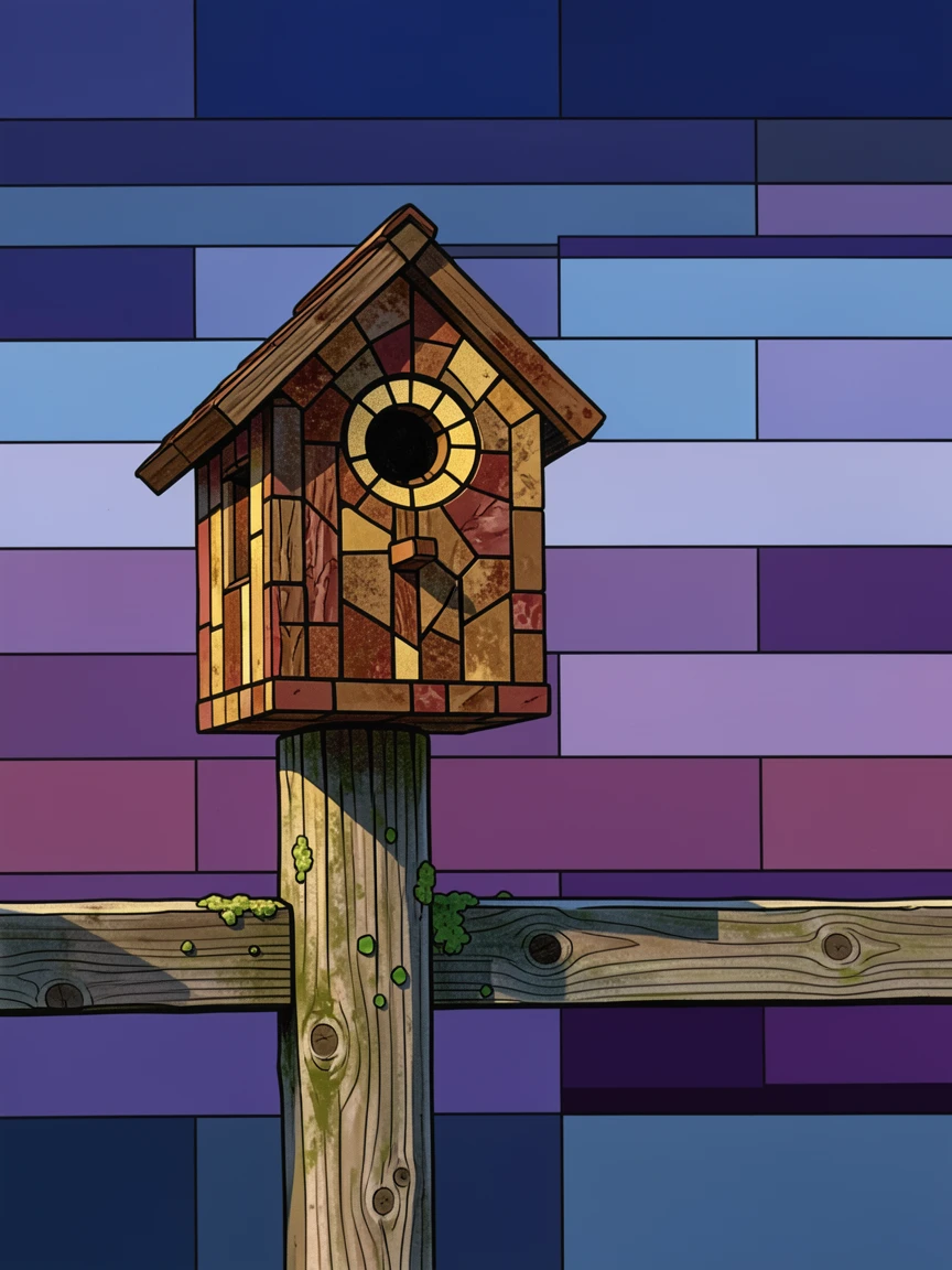 A rustic barn owl box mounted on an old wooden fence post at dusk.