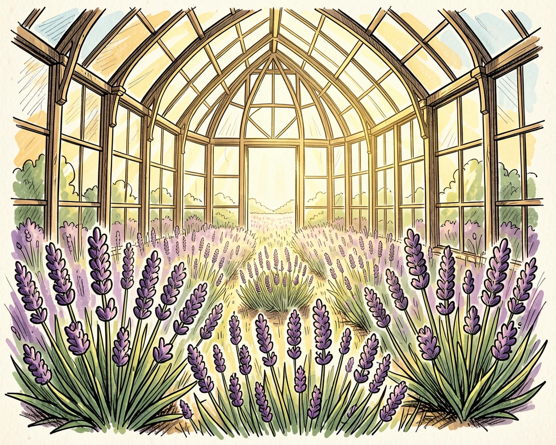 A meadow of lavender in a sunlit greenhouse.
