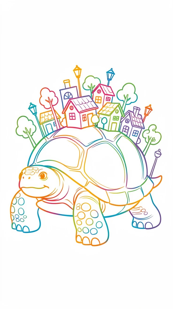 A giant tortoise carrying an entire miniature village on its shell.
