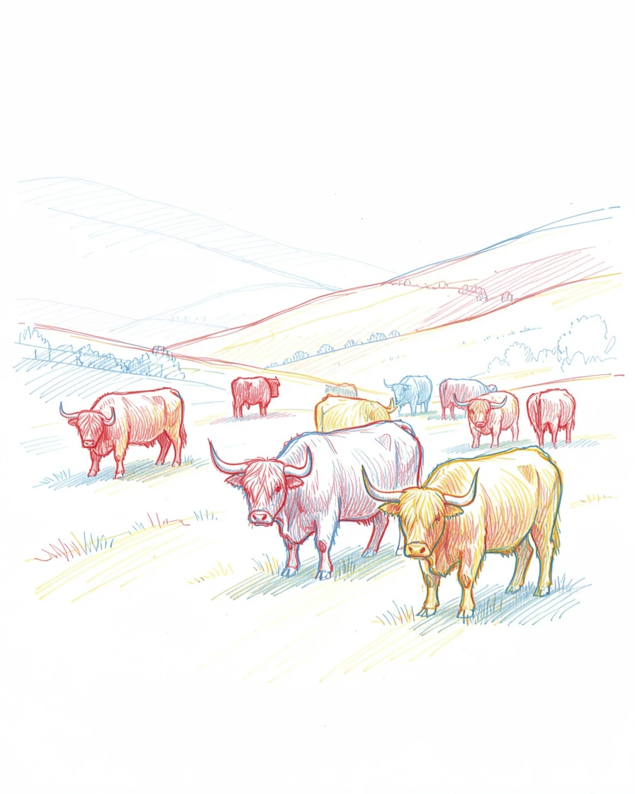 A herd of Highland cattle grazing in a misty Scottish glen