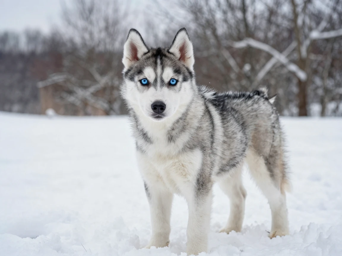 A husky puppy with striking blue eyes in the snow