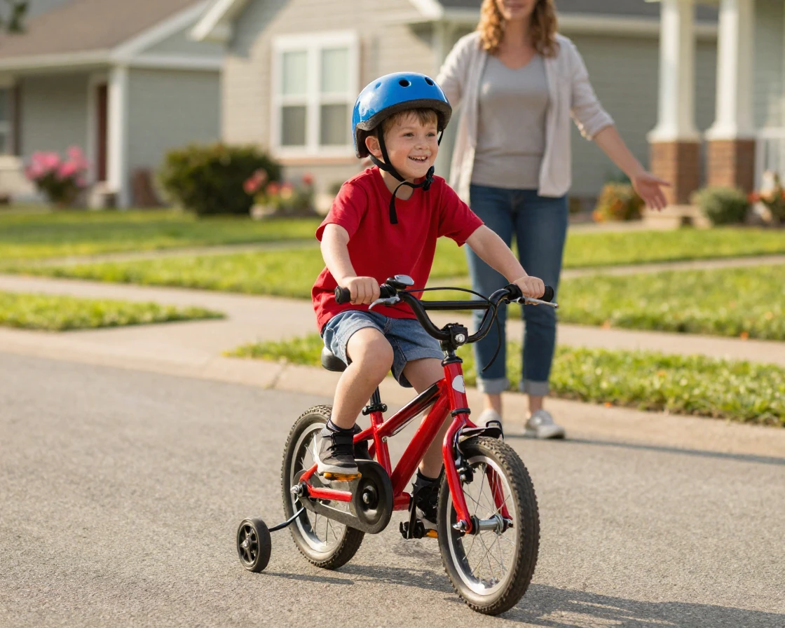 A boy proudly rides his bike without training wheels for the very first time.