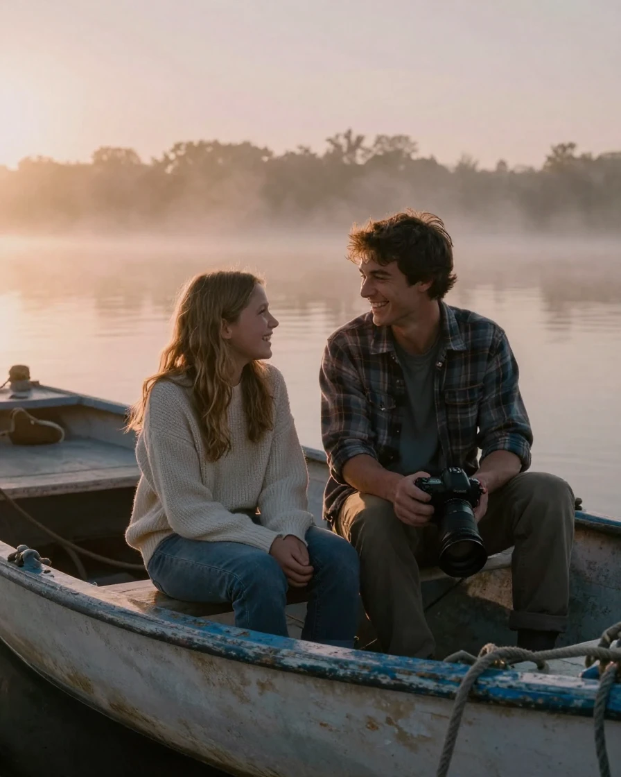 A brother and sister sharing a quiet laugh together on a small fishing boat at dawn