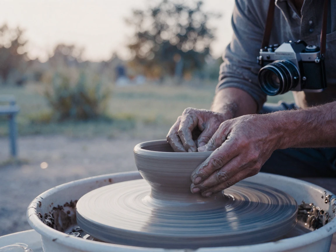 A potter's hands shaping a bowl on a spinning wheel, in the pale light just before sunrise, as heat shimmers over the ground, as summer fades into fall, in cool blues and silvery greys, captured from a low angle looking up.