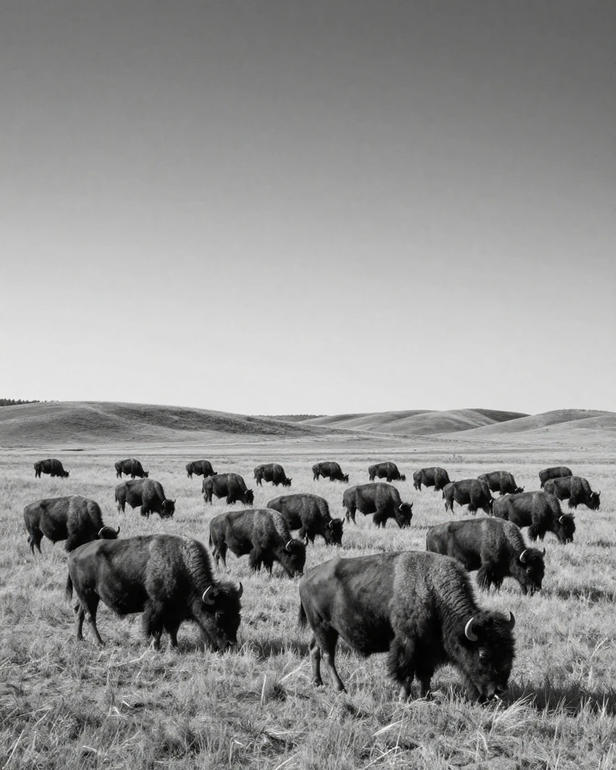 A bison herd grazes across an open prairie over rolling open grassland.