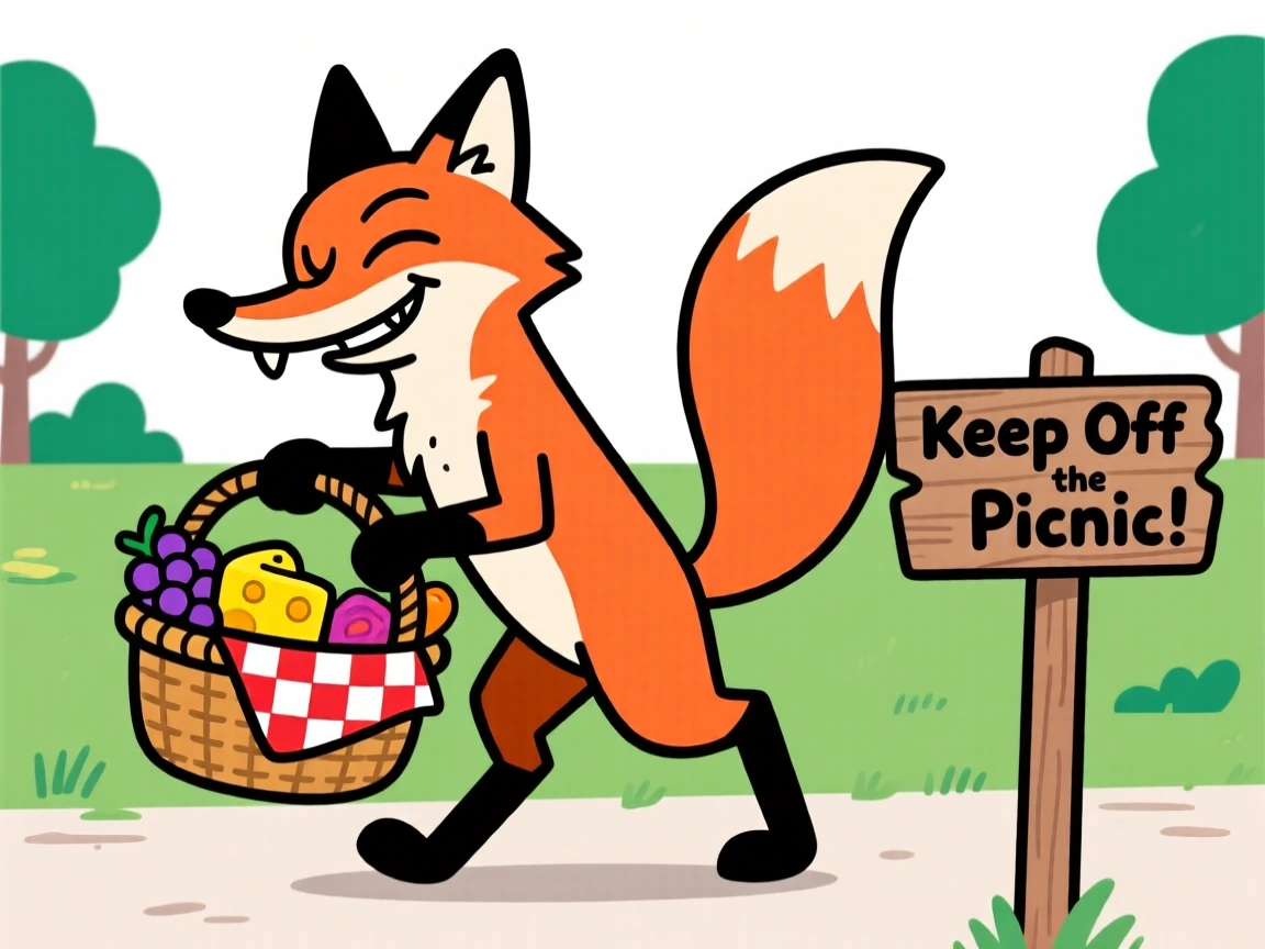 A charming animal moment featuring a sly fox winking mischievously while sneaking away with a stolen picnic basket.