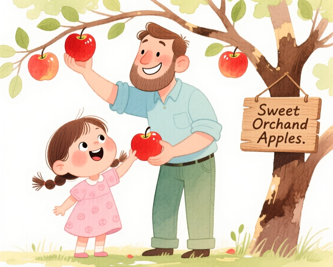 A father and daughter picking apples together in an orchard