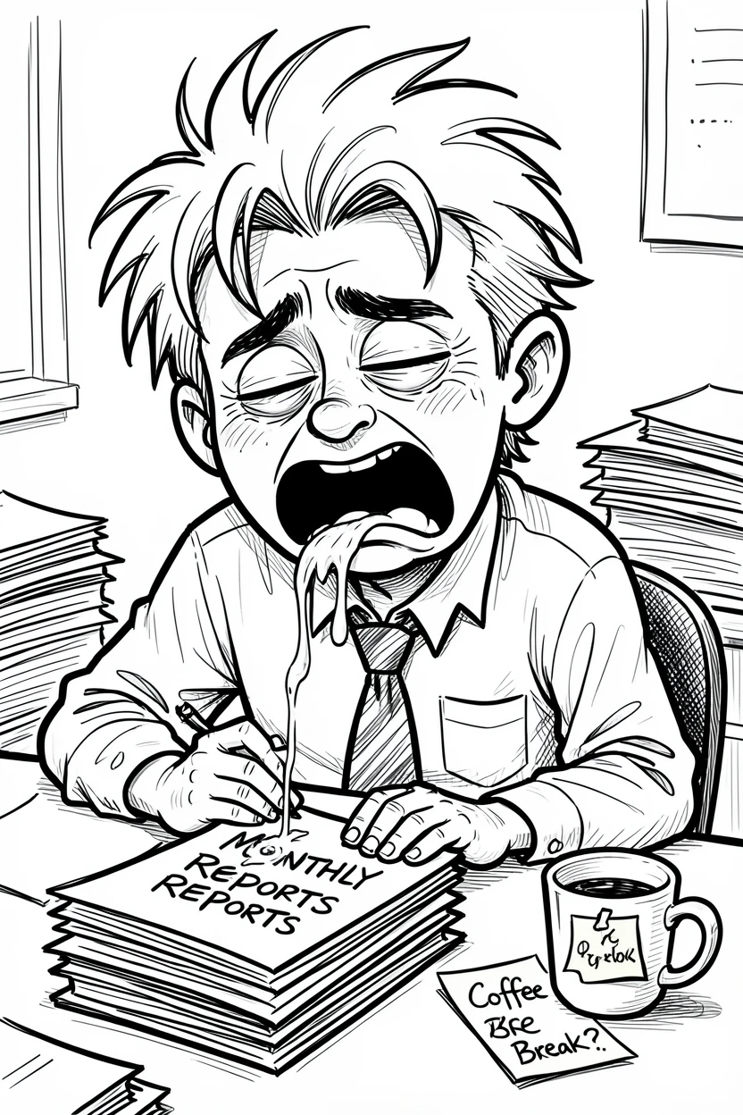 [Funny & Exaggerated Situations] Comical scene of a office worker asleep at his desk with drool on a stack of papers, exaggerated for maximum laughs