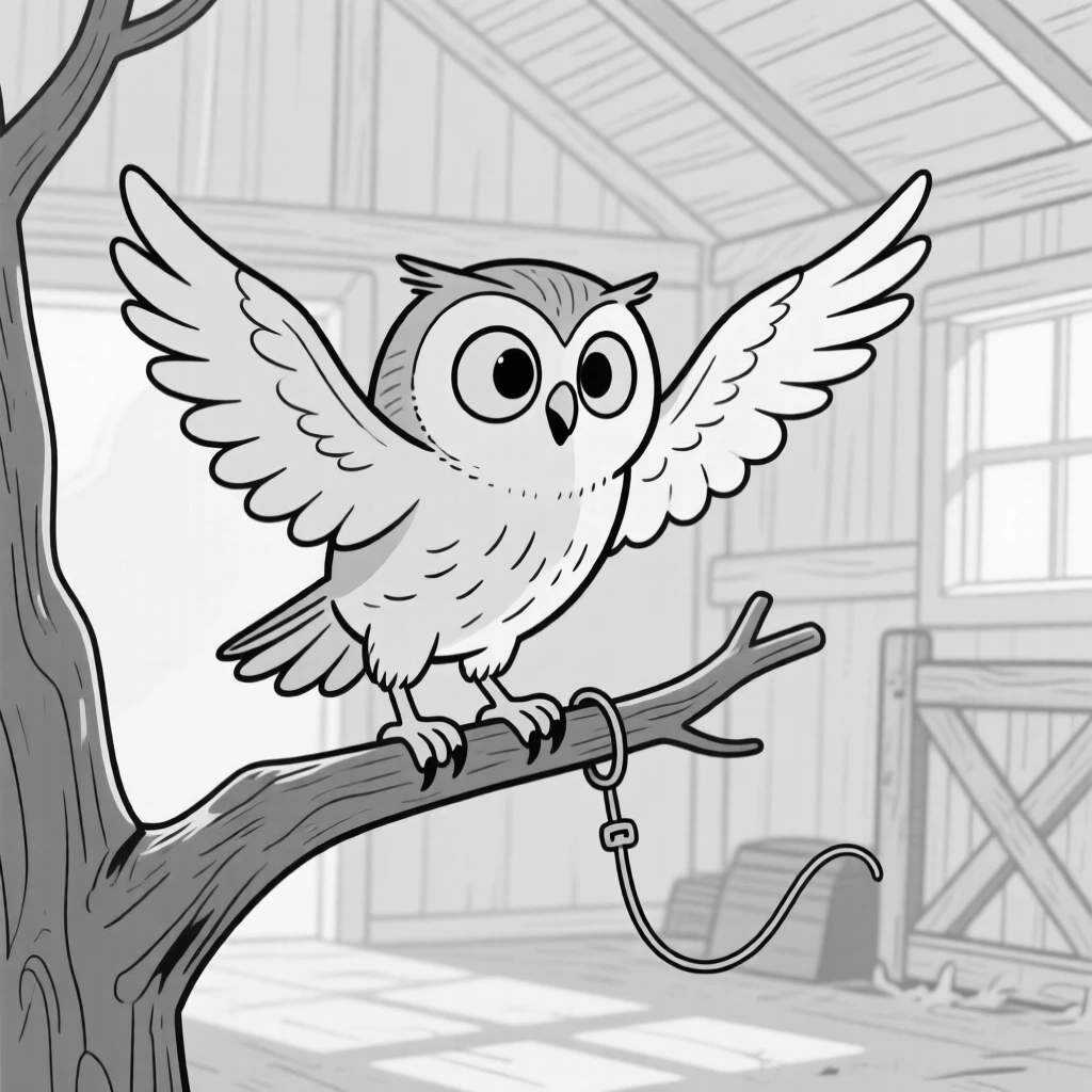 A wide-eyed owl perched crookedly on a branch, flapping stubby wings in an attempt to fly, set in a sunlit barn stall. A tiny leash trails uselessly behind. The scene captures unconditional, goofy love.