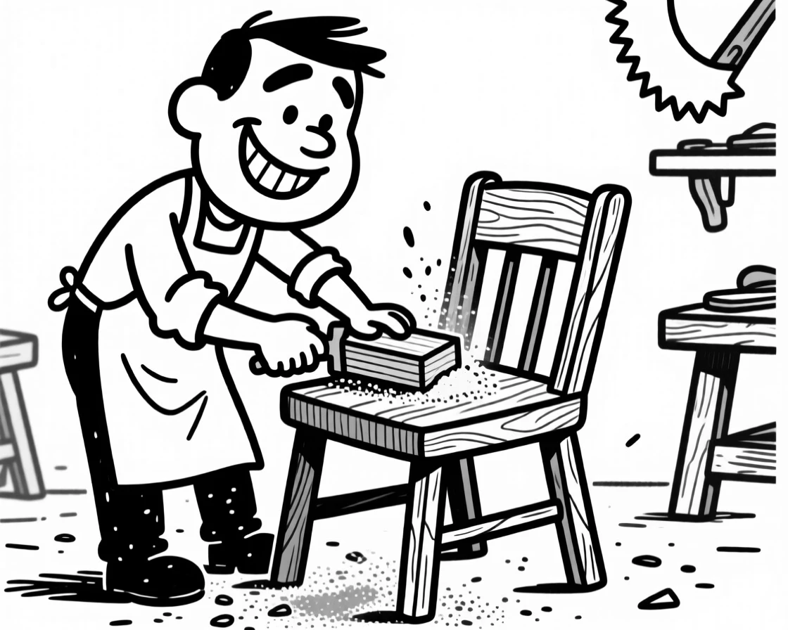 A woodworker carefully sanding a handmade chair in a sawdust-filled workshop.