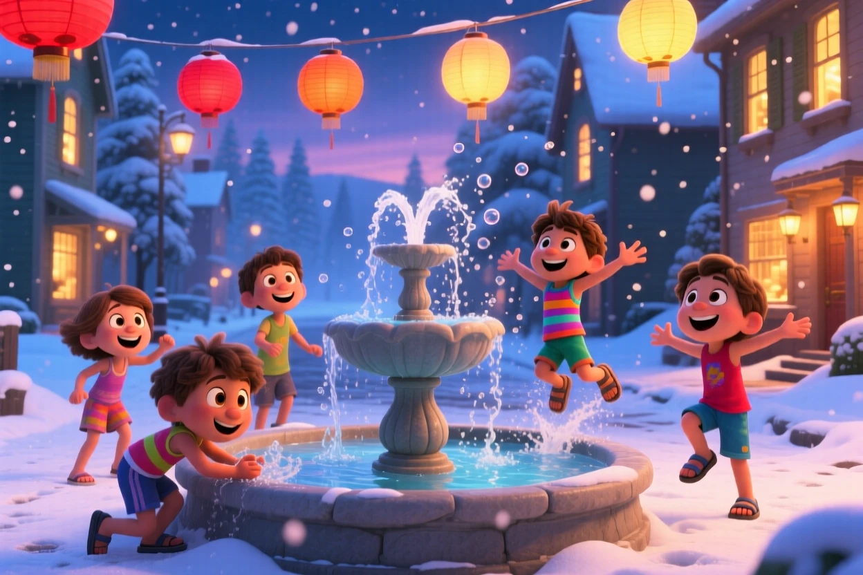Children splashing in a fountain on a hot summer day happens on a snowy street lined with glowing windows, with paper lanterns swaying softly in the breeze. A bright, merry energy fills the entire scene.