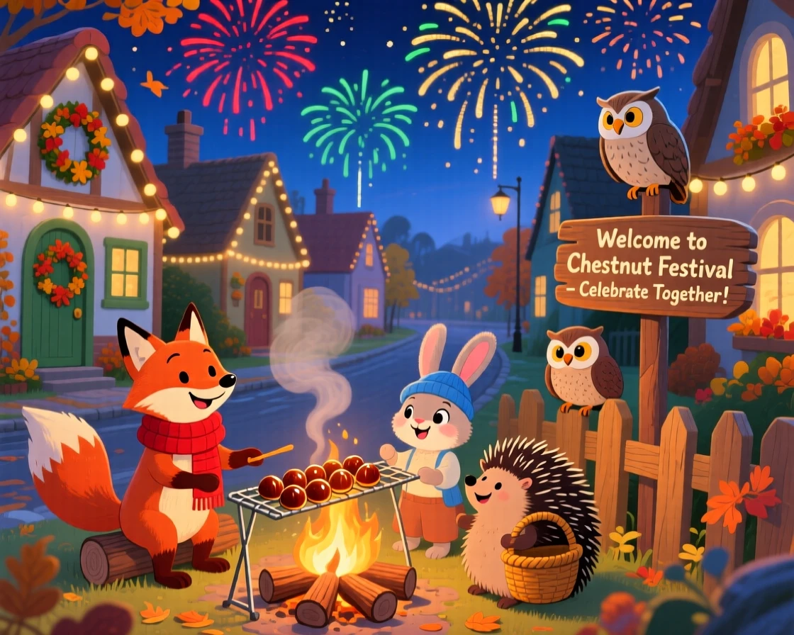 In a festive village street, a group of woodland friends celebrate together by roasting chestnuts over an open fire, with fireworks bursting in the sky above.
