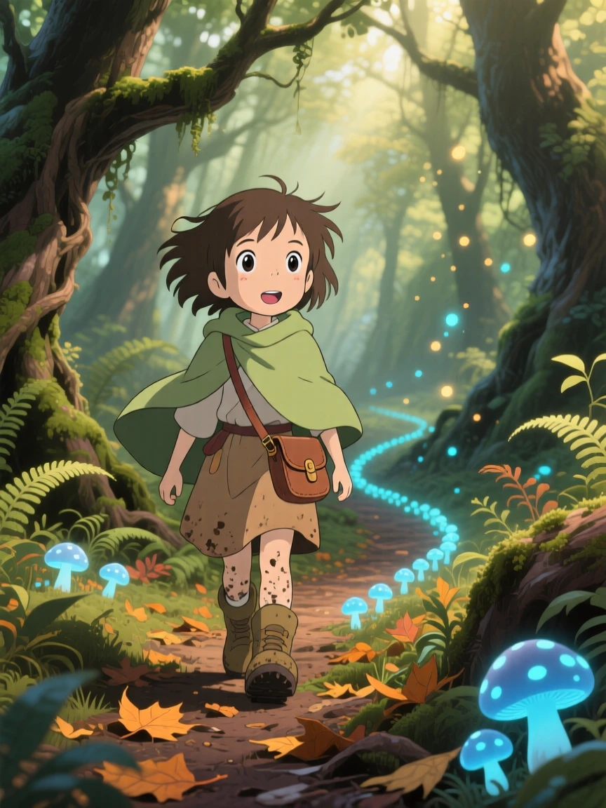 A young explorer following a trail of glowing mushrooms through a forest, the moment quietly triumphant.