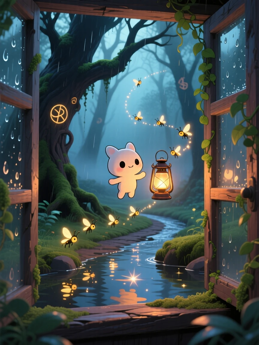 A lantern spirit guiding lost fireflies home with a warm glow in a dark enchanted forest path on a misty foggy morning; shimmering reflected light off water washes over the scene as eager anticipation fills the moment. Framed through a window.