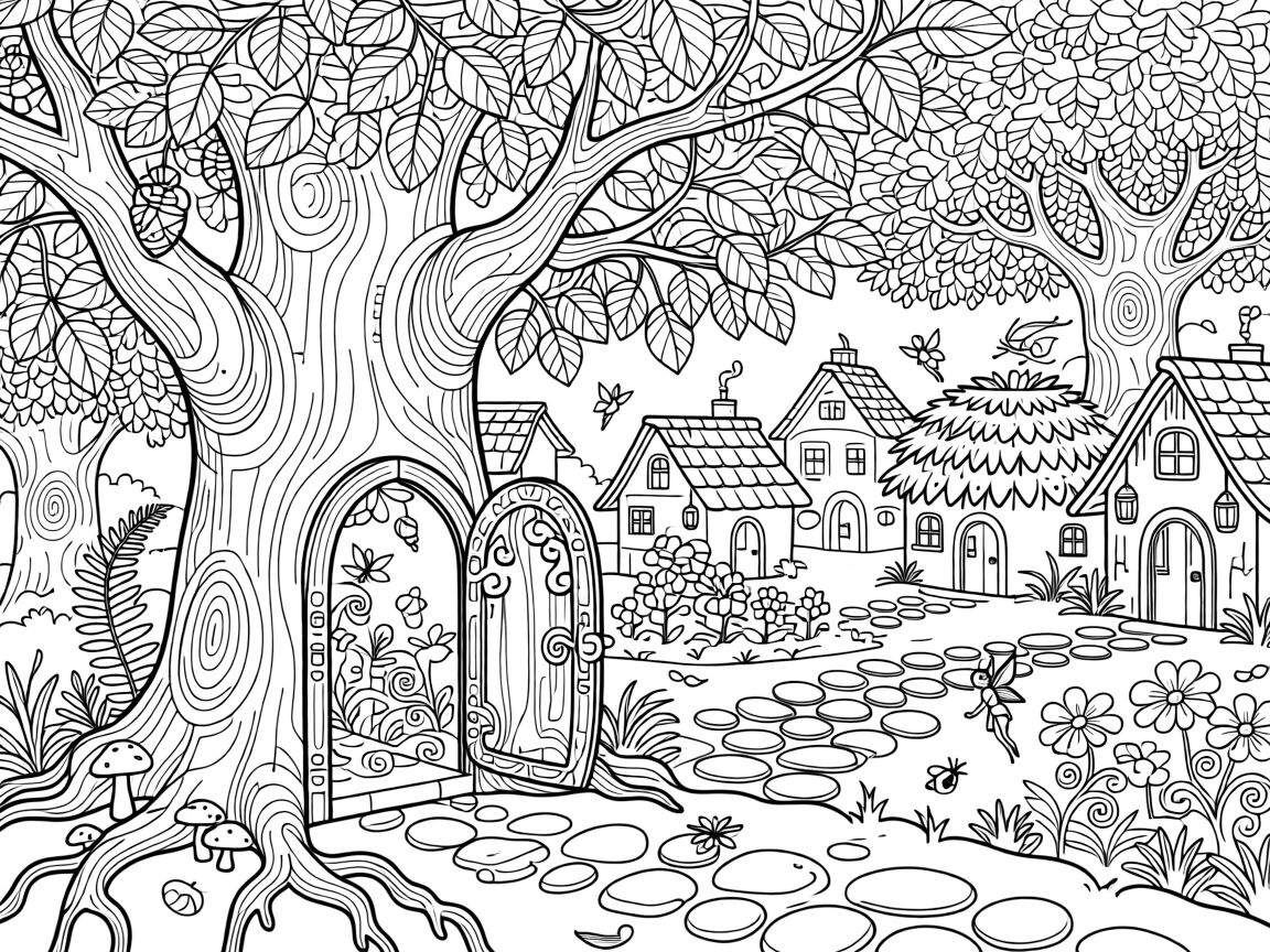 A hidden door in a tree trunk leading to a tiny fairy kingdom.