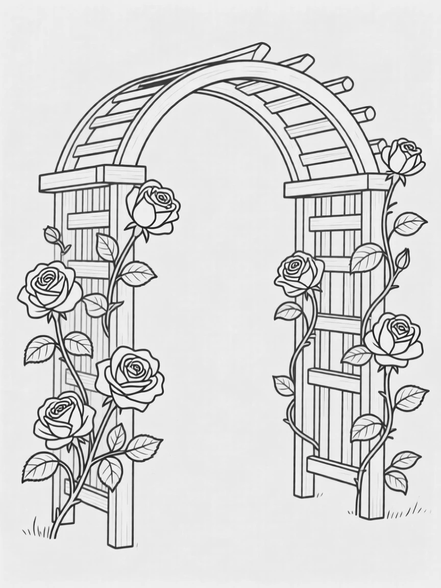 A rose garden arbor with climbing vines