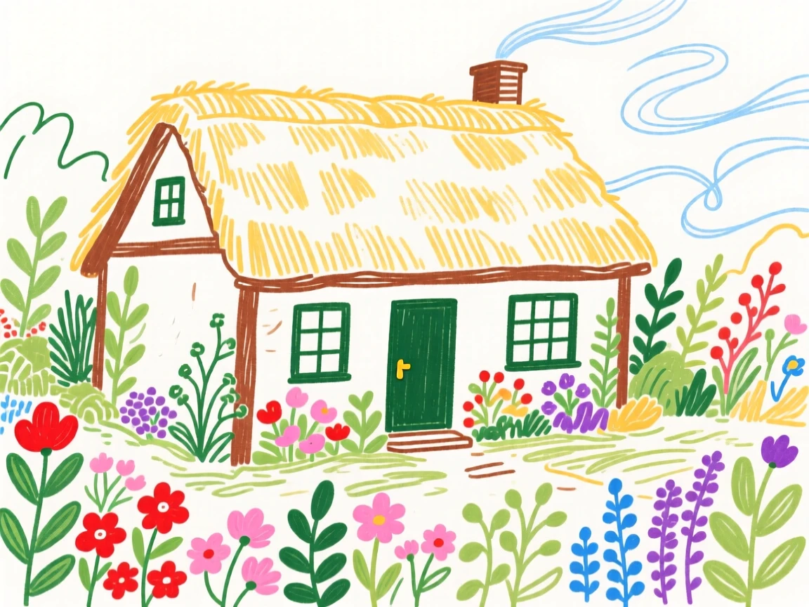 A cozy cottage with a thatched roof surrounded by a garden.