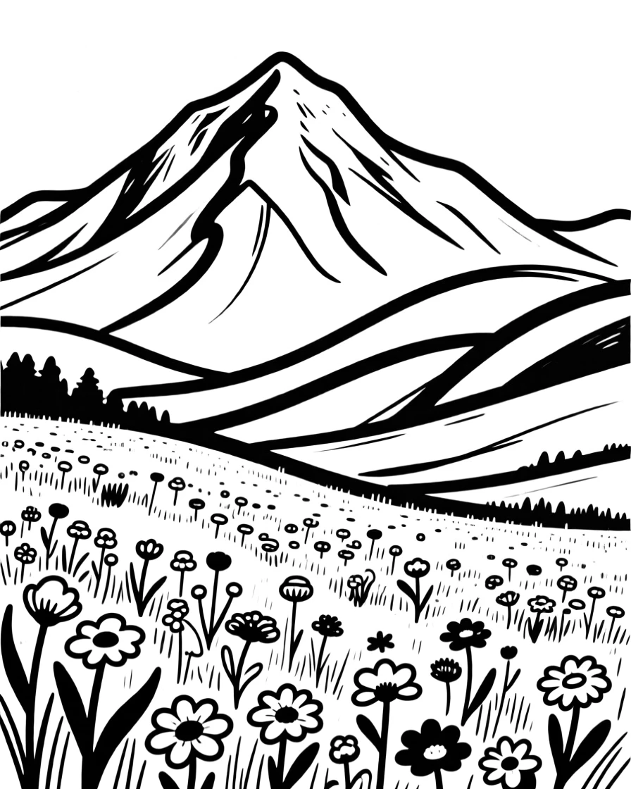 A mountain meadow bursting with wildflowers below a snow-capped peak.