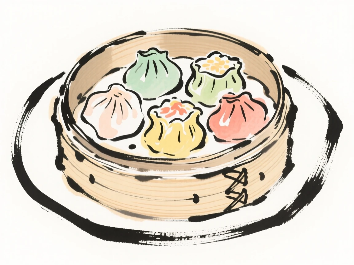 A plate of fresh dim sum arranged neatly in a bamboo steamer.