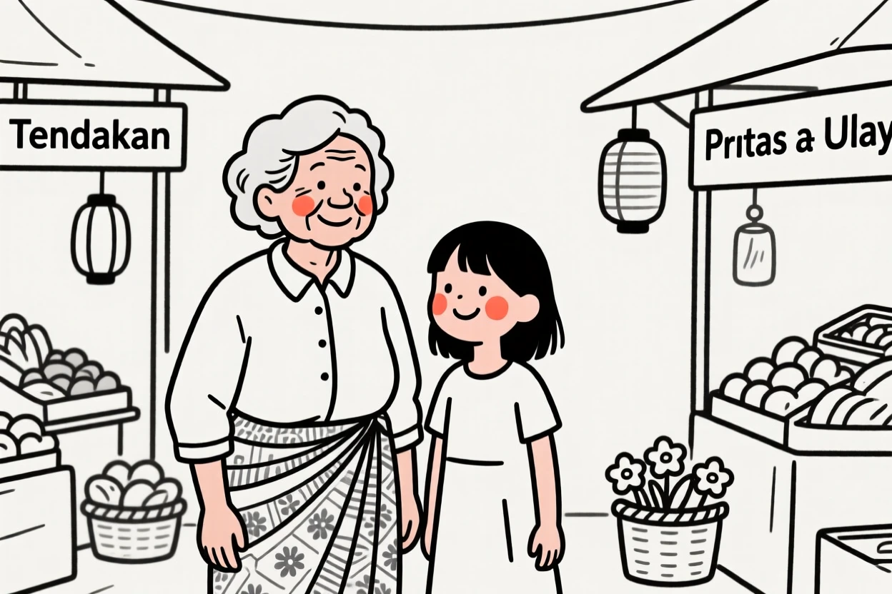 A grandmother and granddaughter of Filipino heritage, beaming with pride, in a bustling city market.