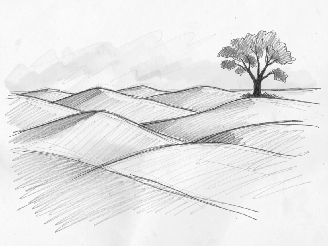 A vast desert of rolling dunes, wrapped in soft morning mist, with a lone tree silhouetted on the horizon.