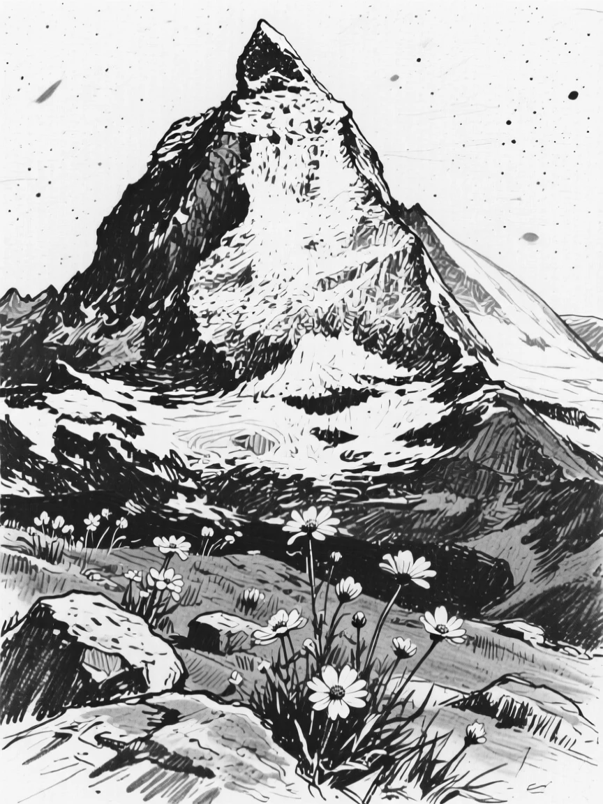 A snow-capped peak with wildflowers scattered across the foreground.