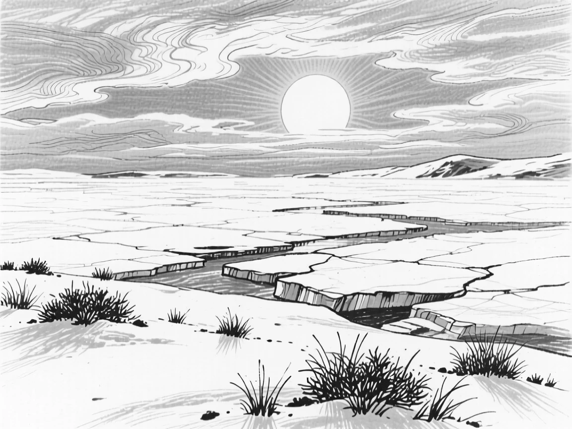 A vast icy tundra stretching beneath a pale winter sun.